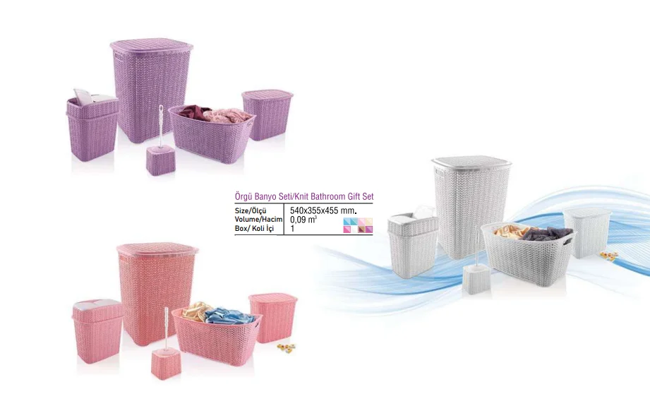 5 Parça Örgü Desenli Plastik Banyo Seti Çamaşır Sepeti Deterjanlık Çöp Kovası Klozet Fırçası - Mor