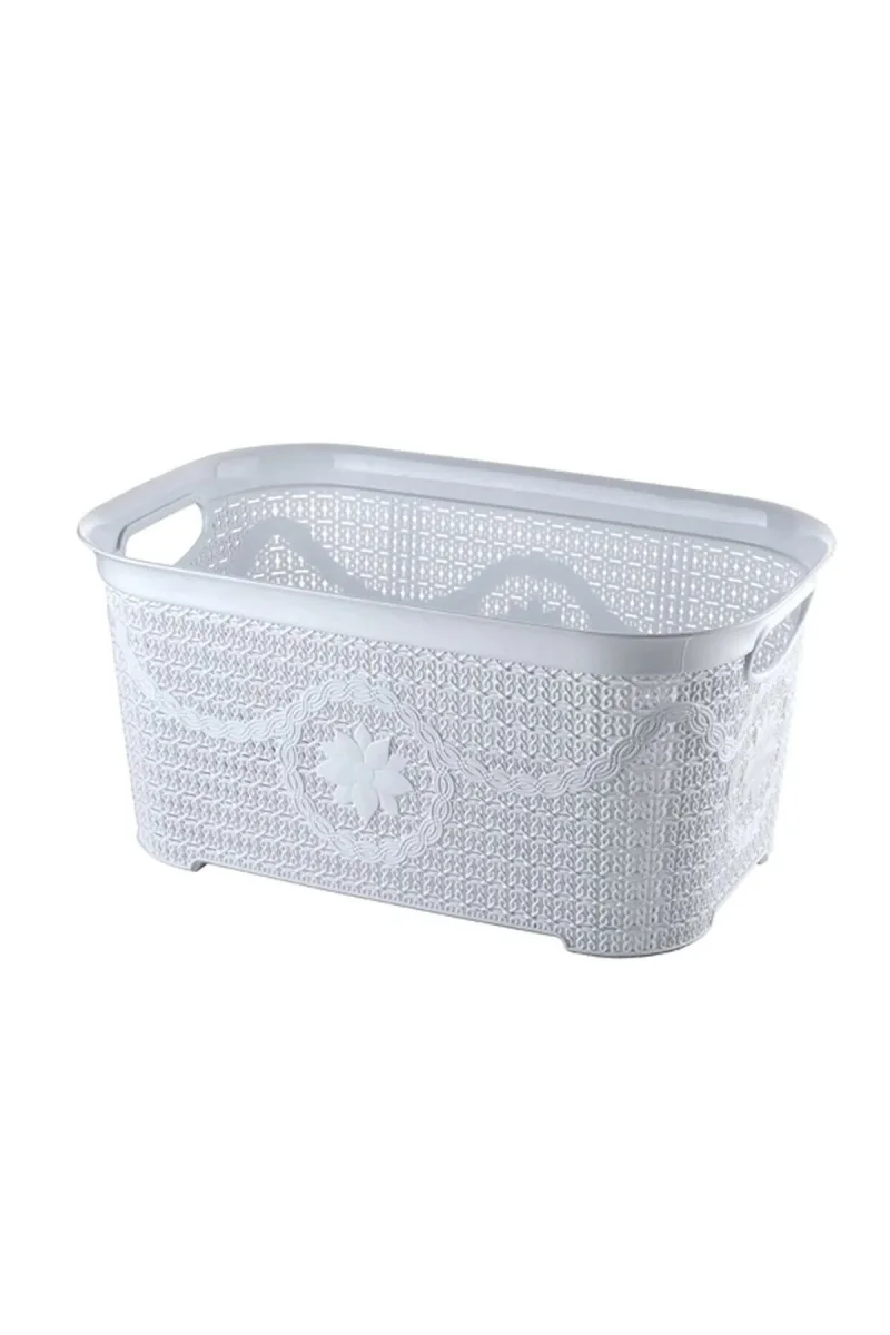 5 Parça Örgü Desenli Plastik Banyo Seti Çamaşır Sepeti Deterjanlık Çöp Kovası Klozet Fırçası - Mor