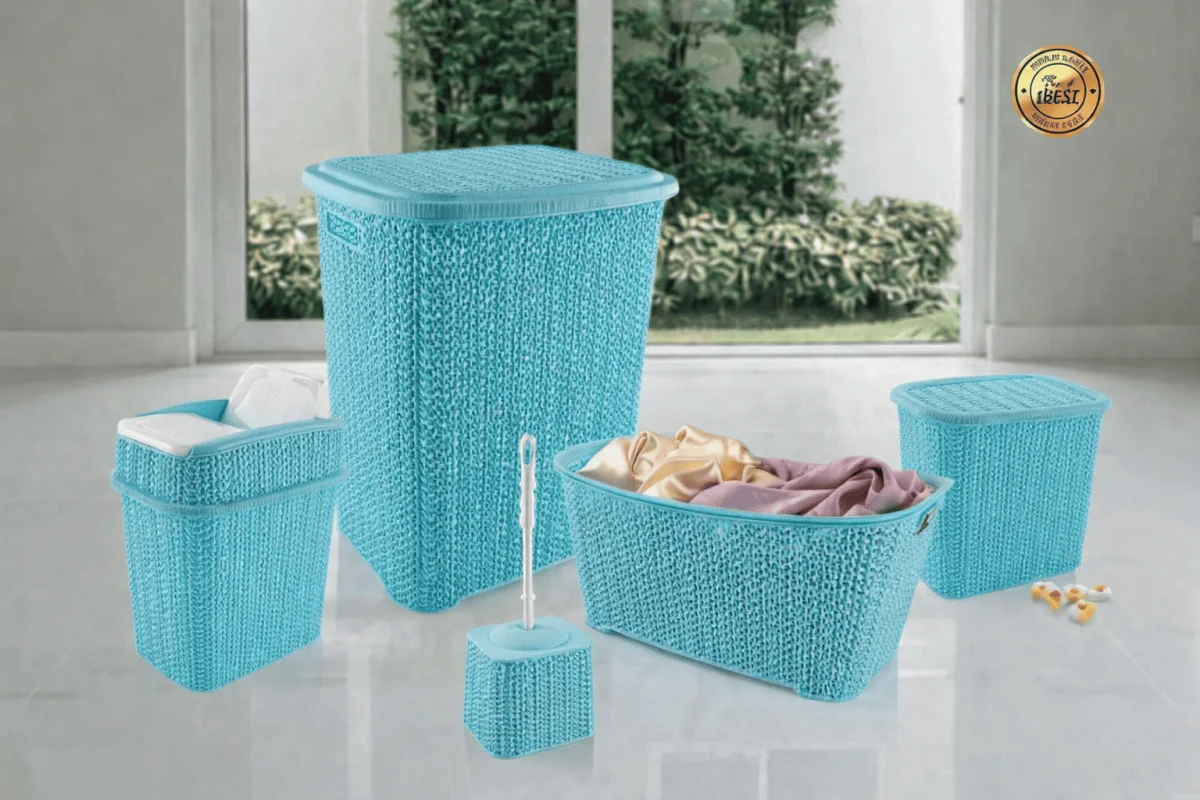 5 Parça Örgü Desenli Plastik Banyo Seti Çamaşır Sepeti Deterjanlık Çöp Kovası Klozet Fırçası - Mavi