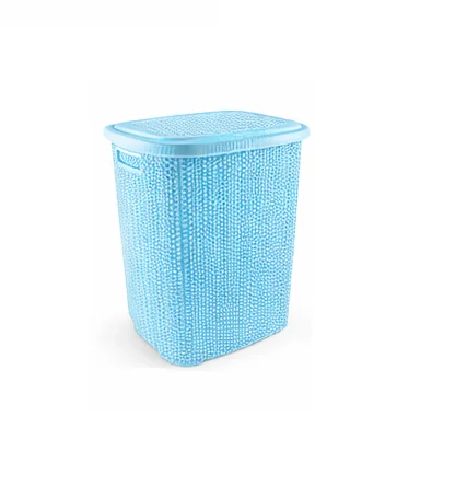Kirli Çamaşır Sepeti Kapaklı 65 LT Örgü Desenli Plastik Çamaşır Sepeti Banyo Sepeti - Mavi