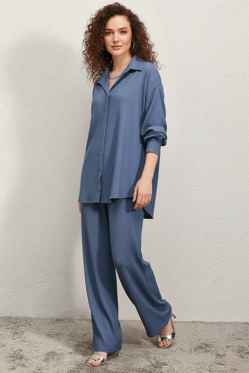 Kadın Gömlek Yaka Oversize İndigo İkili Takım