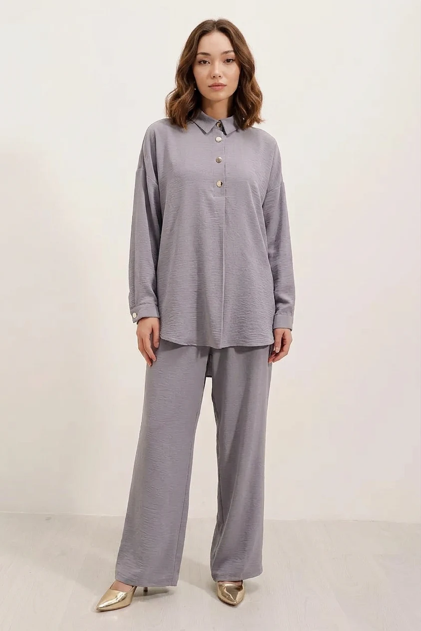 Kadın Düğmeli Oversize Gri Takım