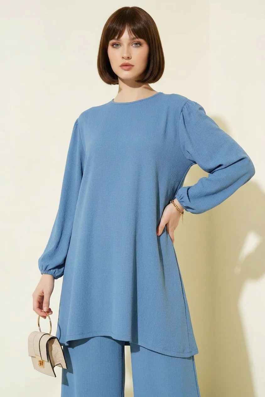 Kadın Yuvarlak Yaka Balon Kol İndigo Takım