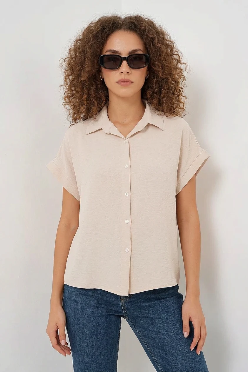 Kadın Kısa Kol Oversize Krem Gömlek