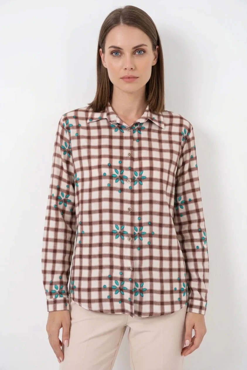 Kadın Oversize Çiçek Desenli Viskon Kahverengi Gömlek