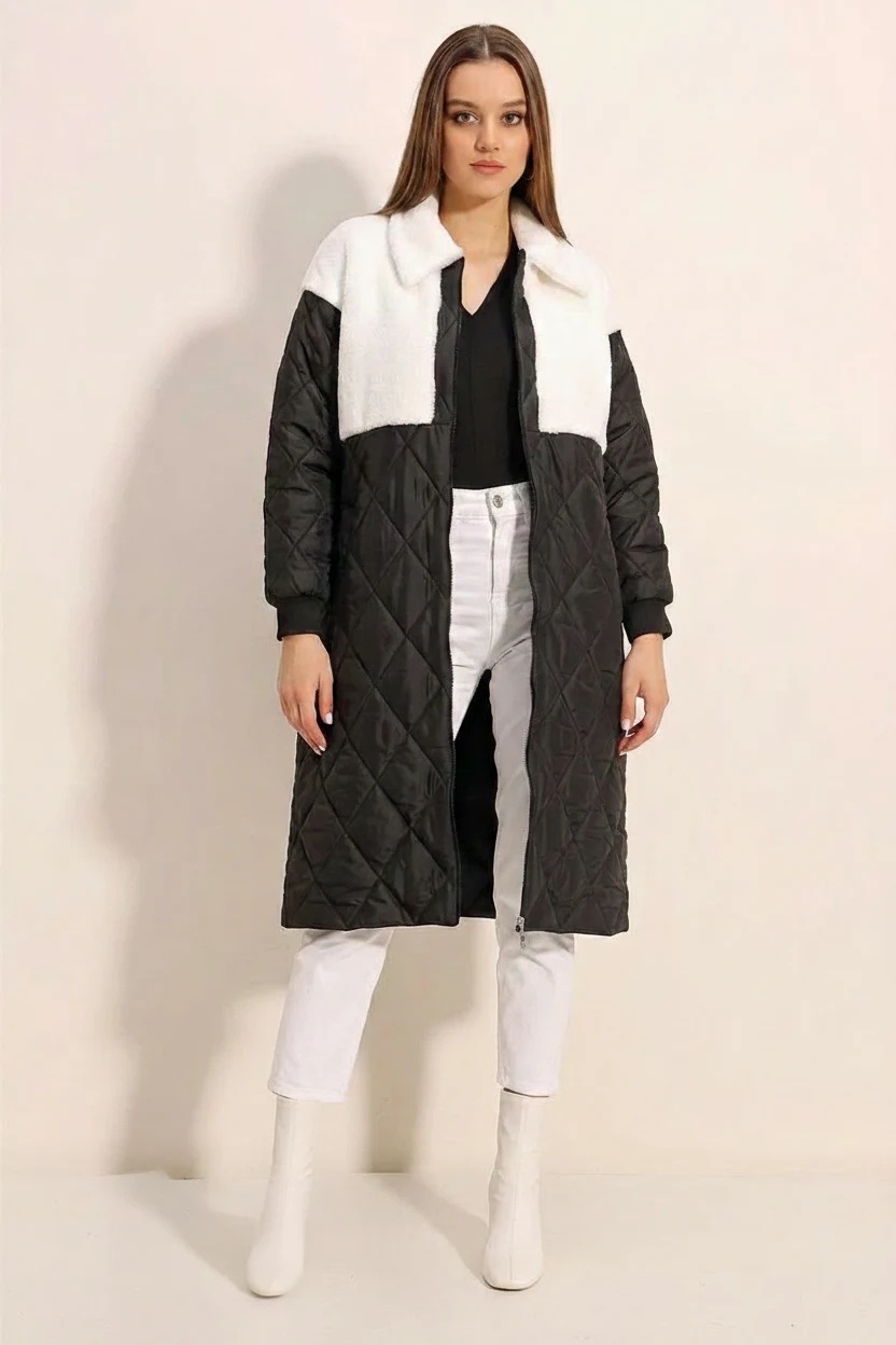 Kadın Gömlek Yaka Peluş Detaylı Oversize Kapitone Desenli Beyaz Mont
