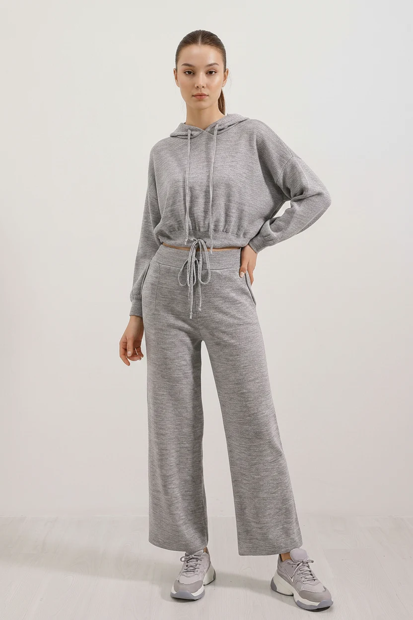 Kadın Kapüşonlu Beli Büzgülü Geniş Kesim Oversize Triko Gri İkili Takım