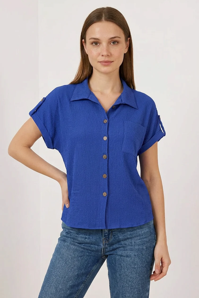 Kadın Kısa Kol Oversize Saks Gömlek