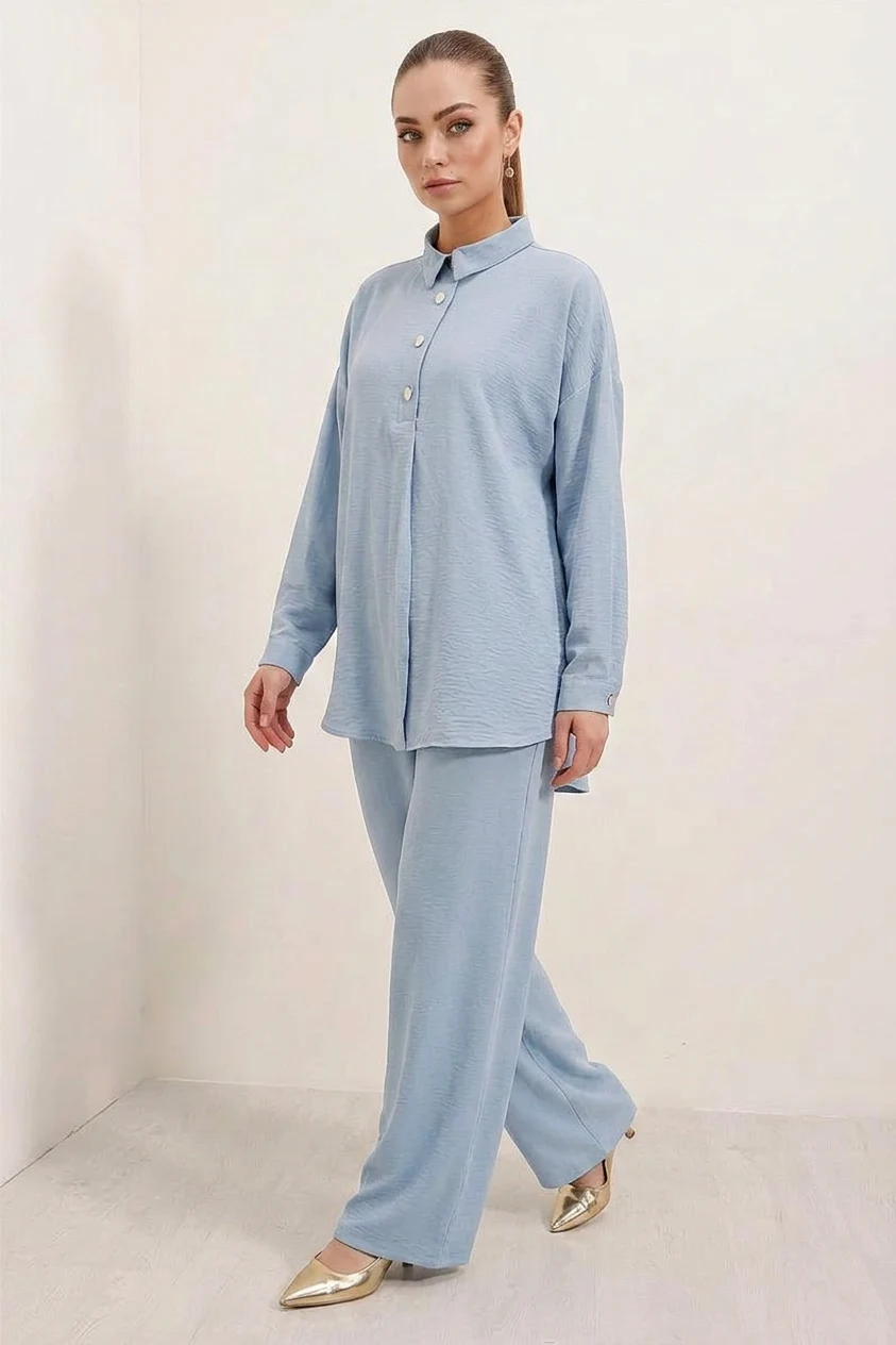 Kadın Bol Paça Oversize Mavi Takım