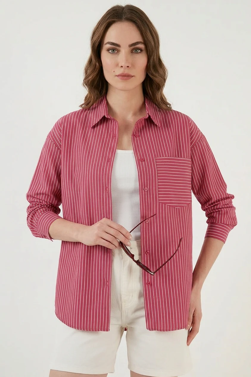 Kadın Oversize Tek Cepli Çizgili Pamuklu Kırmızı Gömlek