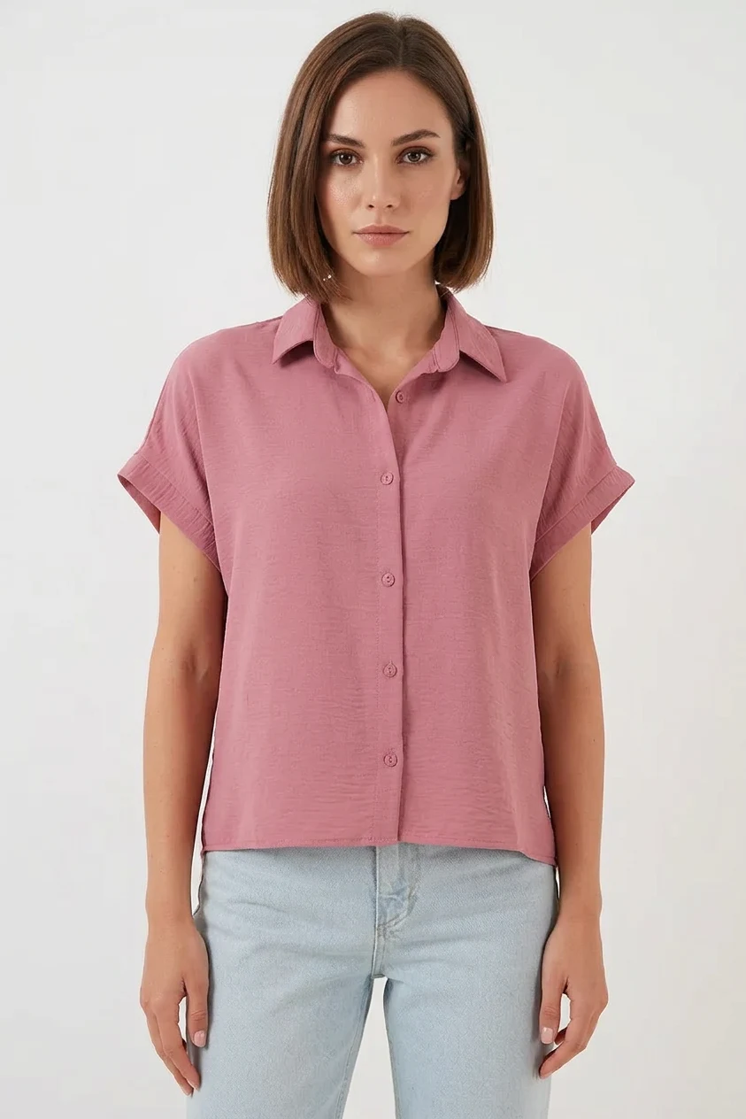 Kadın Kısa Kol Oversize Pembe Gömlek