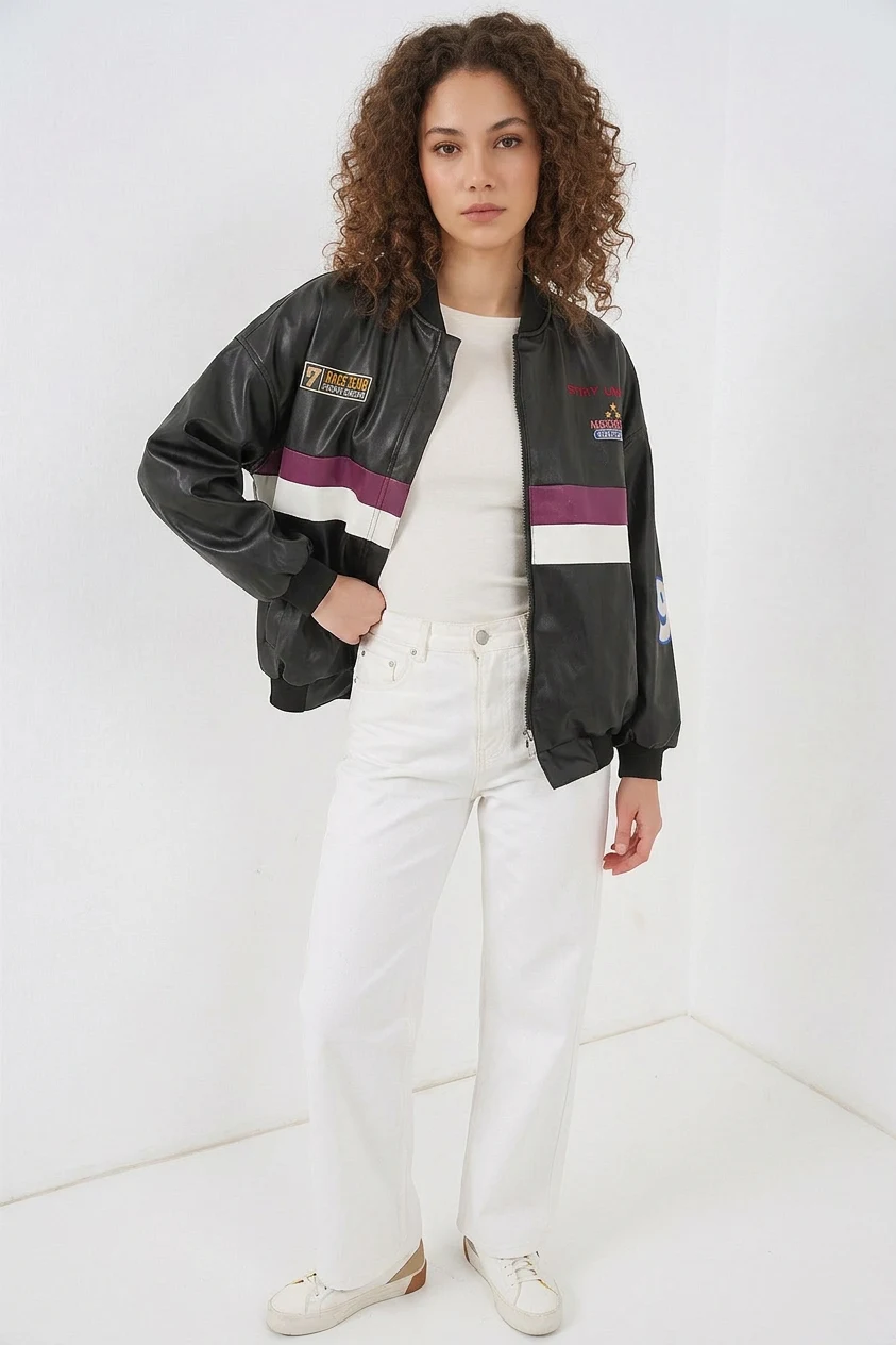 0698 Baskılı Suni Deri Bomber Ceket - Bordo