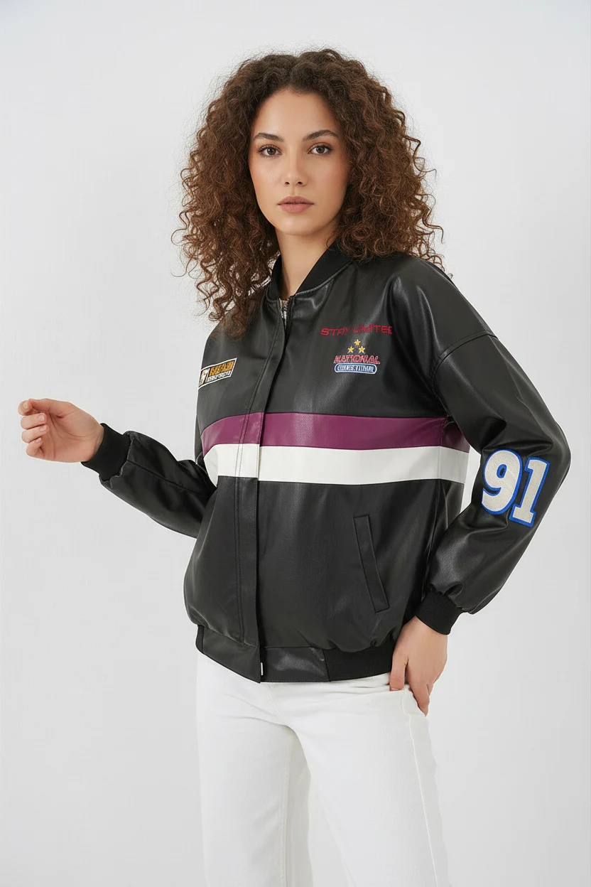 0698 Baskılı Suni Deri Bomber Ceket - Bordo