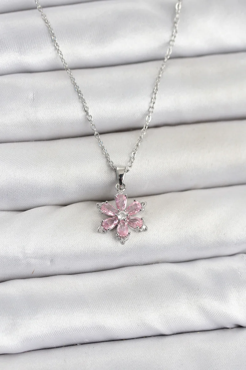 316L Çelik Zincir Gümüş Renk Pembe Zirkon Taşlı Lotus Model Kadın Kolye