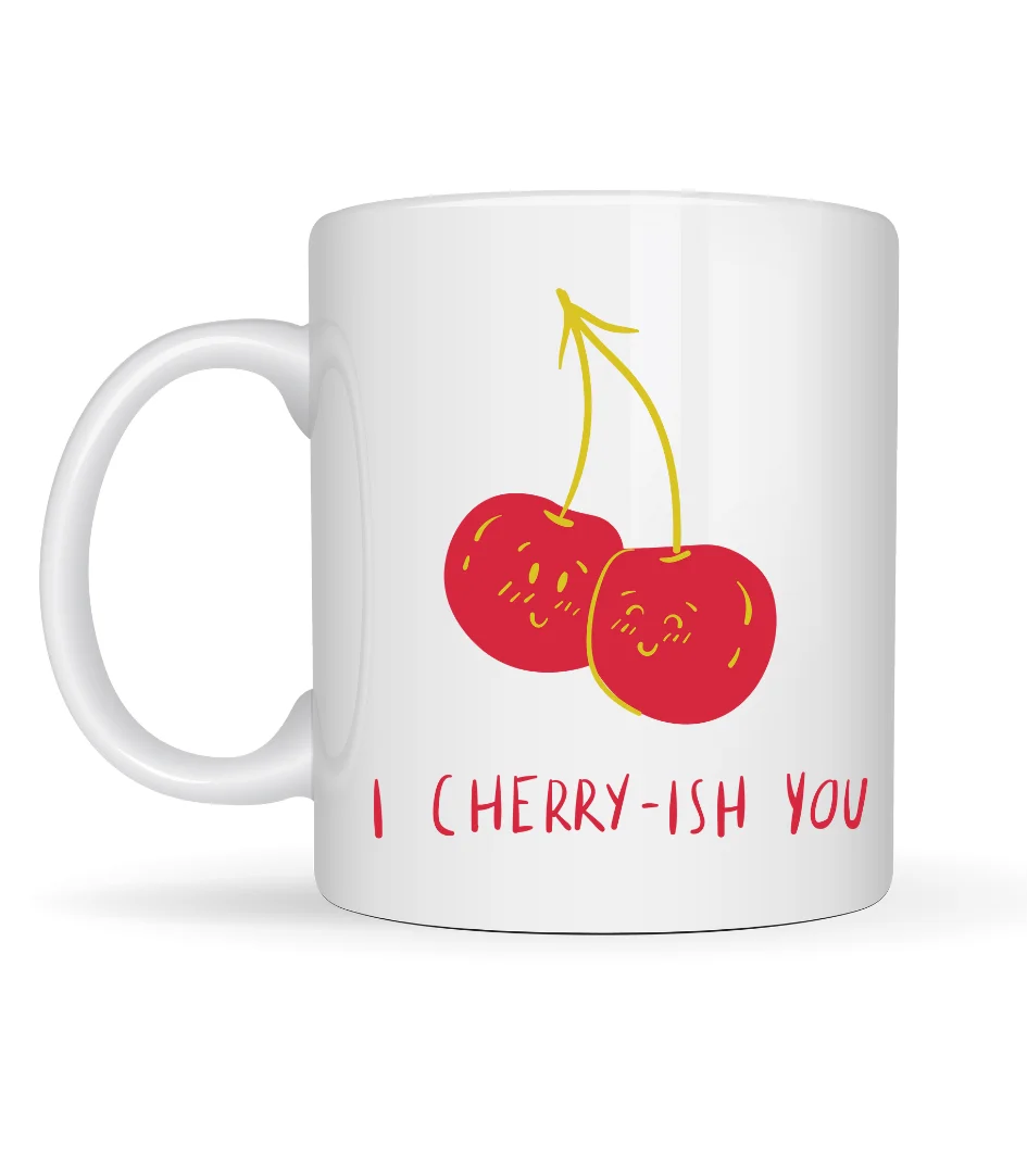 Model 26 – I Cherry-Ish You Yazılı Sevimli Kiraz Tasarımlı Porselen Kupa - Aşk Dolu Hediye Fikri