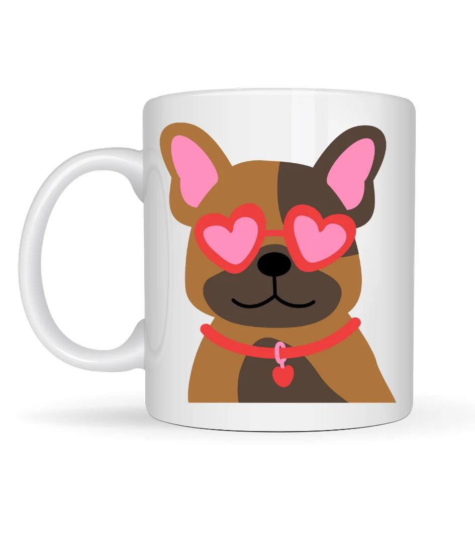 Sevimli French Bulldog Desenli Porselen Kupa Model 48 – Kalpli Gözlüklü Köpek Tasarımı, Hediye Kupa, Kahve & Çay Kupası