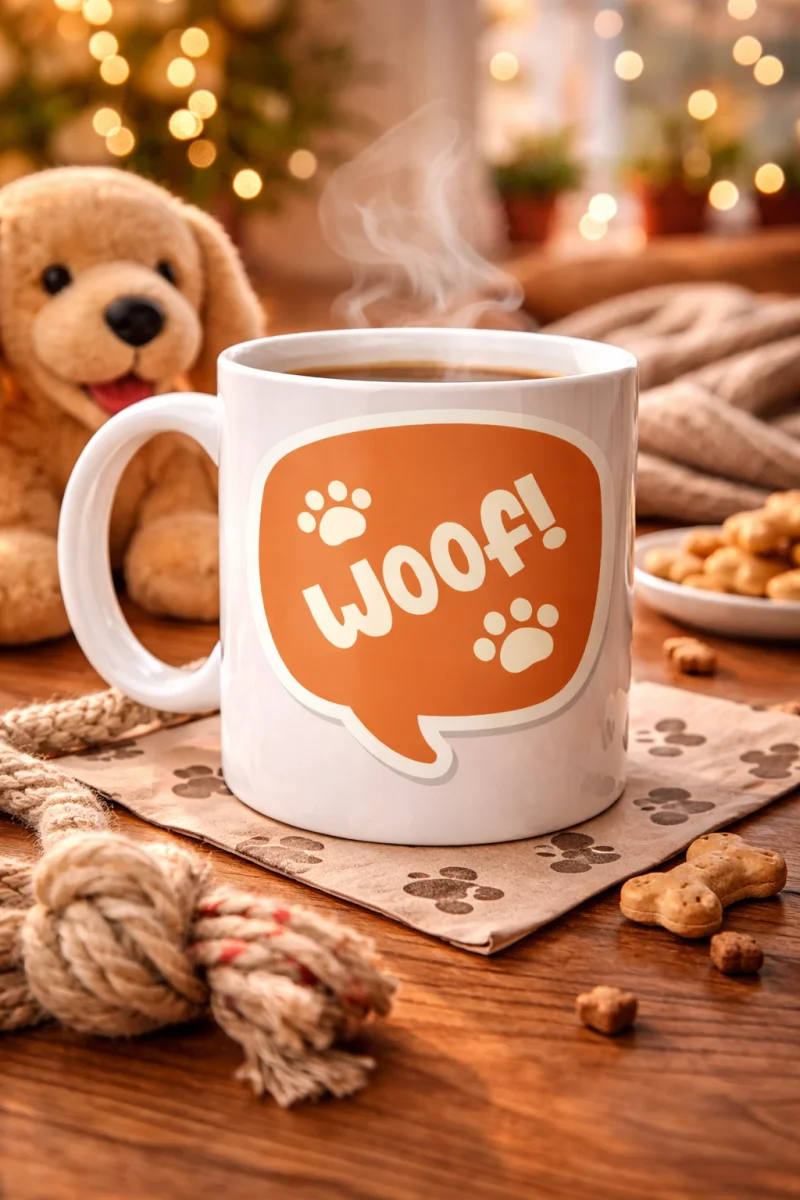 Woof! Köpek Temalı Porselen Kupa Model 54 – Sevimli Patili Tasarım, Kahve & Çay Kupası, Hayvanseverlere Özel Hediye