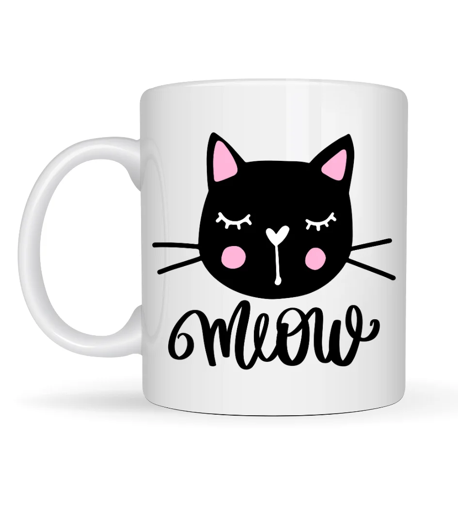 Sevimli Kedi Desenli Porselen Kupa MODEL 63 – “Meow” Yazılı Kahve & Çay Keyfi İçin Tatlı Tasarım