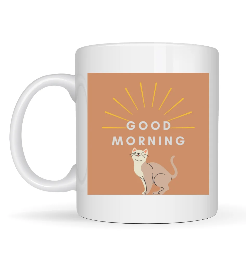 Good Morning Kedi Desenli Porselen Kupa MODEL 72 – Sevimli Kedi Figürlü, Kahve & Çay Kupası, Hediyelik Porselen Bardak