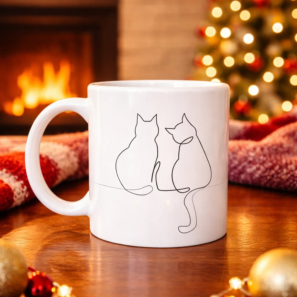 Minimal Çizim İki Kedi Desenli Porselen Kupa MODEL 77 – Sevgi Temalı Şık Tasarım, Kahve & Çay Kupası
