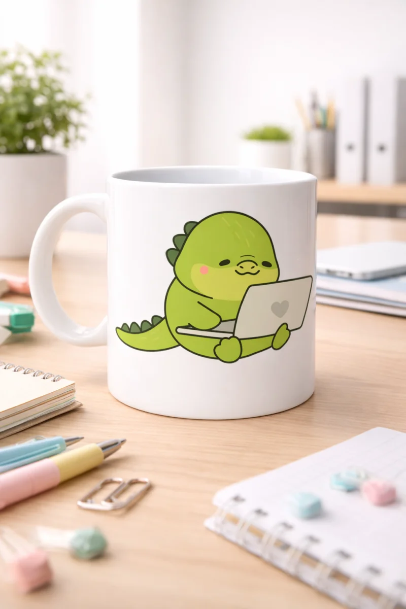 Sevimli Dinozor Tasarımlı Porselen Kupa MODEL 117 – Laptoplu Tatlı Dino Figürlü Ofis & Ev Kahve Kupası