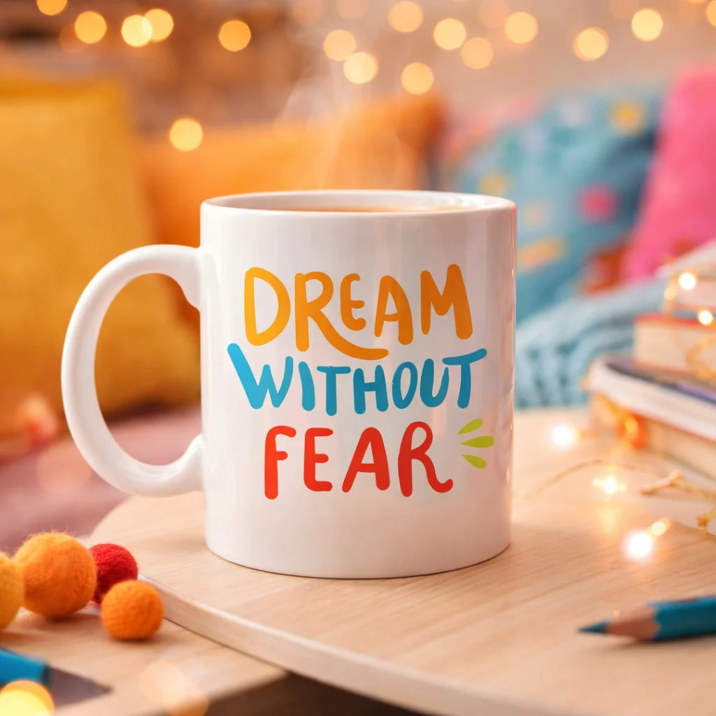Dream Without Fear Yazılı Porselen Kupa MODEL 139 – Motivasyon Temalı, Renkli Tasarım, Kahve & Çay Kupası – Hediye Seçeneği