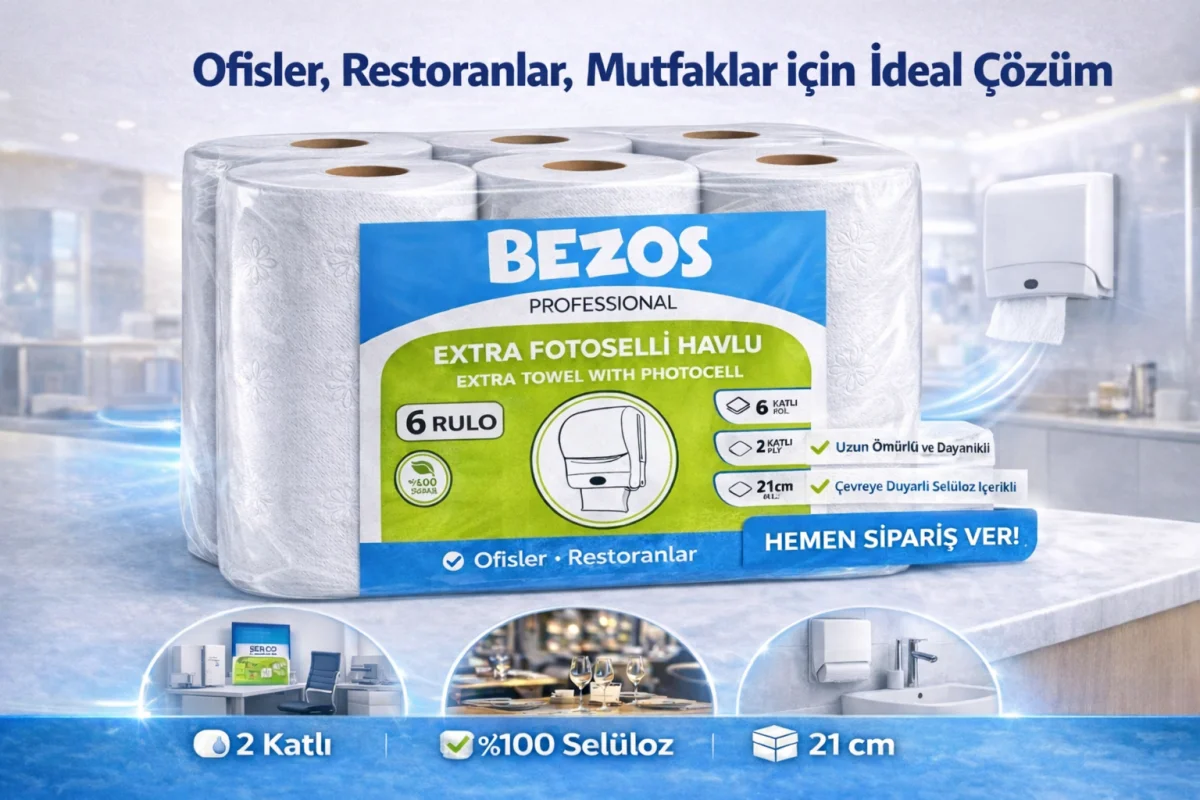 Bezos Professional Fotoselli Havlu 12 Rulo – 2 Katlı %100 Selüloz 21 cm Endüstriyel Kağıt Havlu 2X6 Rulo
