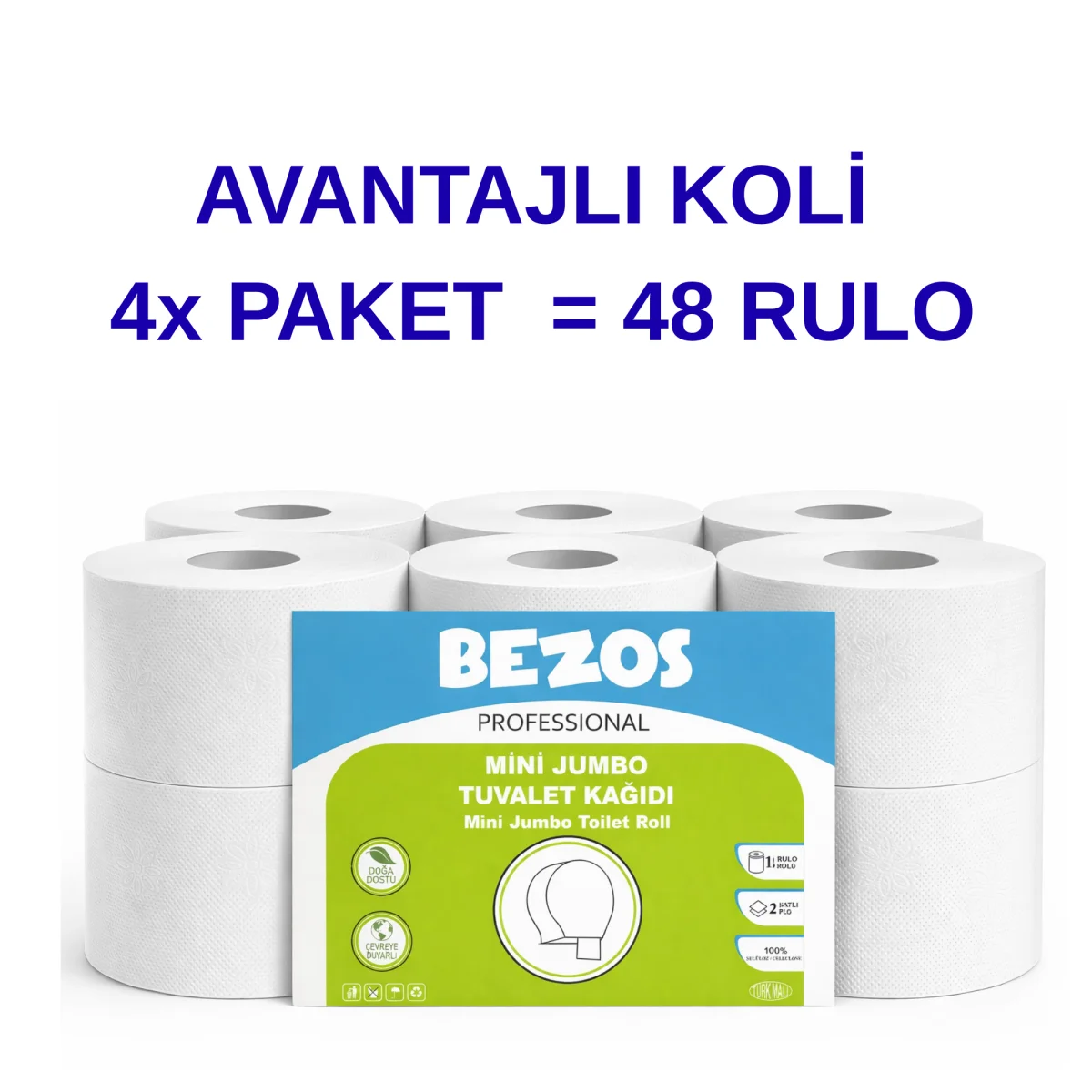 Bezos Professional Mini  Tuvalet Kağıdı 48 Rulo | 2 Katlı | %100 Selüloz | Endüstriyel & Ev Tipi Kullanım 4X12RULO