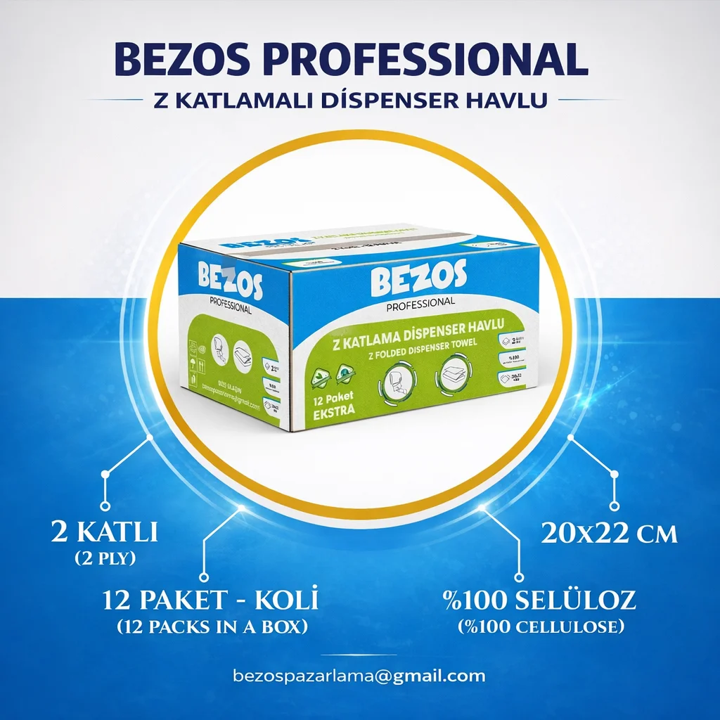 Bezos Professional Z Katlamalı Dispenser Havlu 2 Katlı %100 Selüloz 20x22 cm 12’li Koli