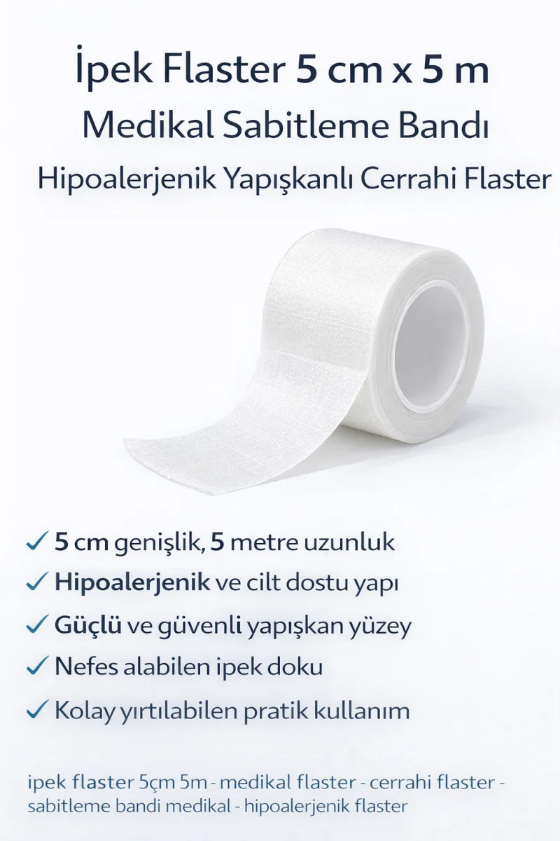 İpek Flaster 5 cm x 5 m Medikal Sabitleme Bandı Hipoalerjenik Yapışkanlı Cerrahi Flaster