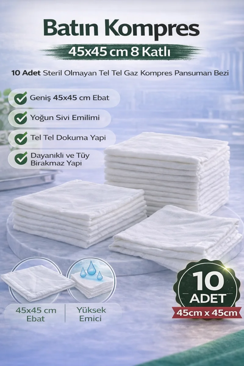 Batın Kompres 45x45 cm 8 Katlı 10 Adet Tel Tel Gaz Kompres Steril Olmayan Pansuman Bezi