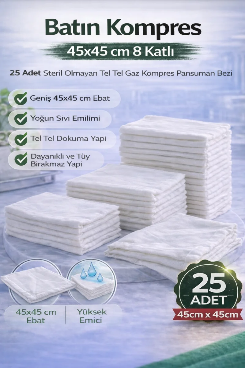 Batın Kompres 45x45 cm 8 Katlı 25 Adet Tel Tel Gaz Kompres Steril Olmayan Pansuman Bezi