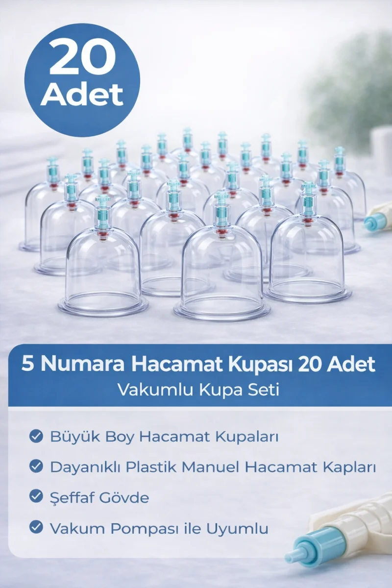 5 Numara Hacamat Kupası 20 Adet Vakumlu Kupa Seti – Manuel Pompa Uyumlu Şeffaf Plastik Büyük Boy Hacamat Kabı