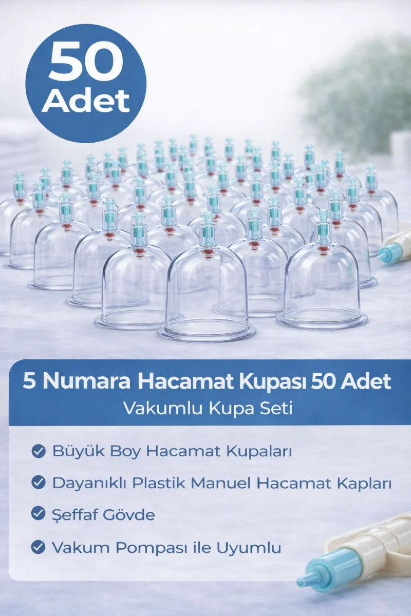 5 Numara Hacamat Kupası 50 Adet Vakumlu Kupa Seti – Manuel Pompa Uyumlu Şeffaf Plastik Büyük Boy Hacamat Kabı
