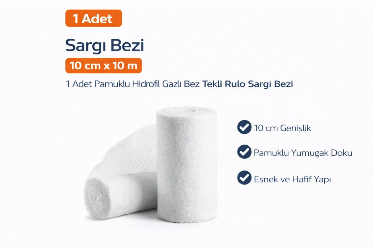 Sargı Bezi 10 cm x 10 m 1 Adet Pamuklu Hidrofil Gazlı Bez Tekli Rulo Sargı Bezi