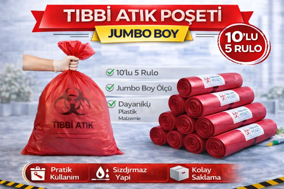 Tıbbi Atık Poşeti  Boy 10'lu 5 Rulo Kırmızı Tıbbi Atık Atık Poşeti Seti