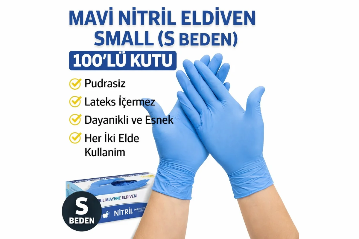 Mavi Nitril Eldiven Small S Beden Pudrasız 100’lü 1 Kutu Tek Kullanımlık Muayene Eldiveni Lateksiz Koruyucu Eldiven