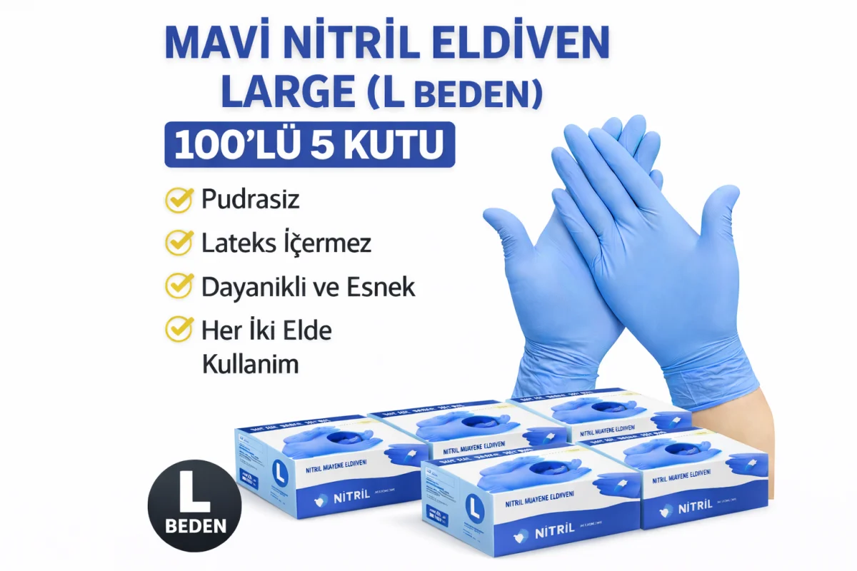 Mavi Nitril Eldiven Large L Beden Pudrasız 100’lü 5 Kutu Tek Kullanımlık Muayene Eldiveni Lateksiz Koruyucu Eldiven Seti