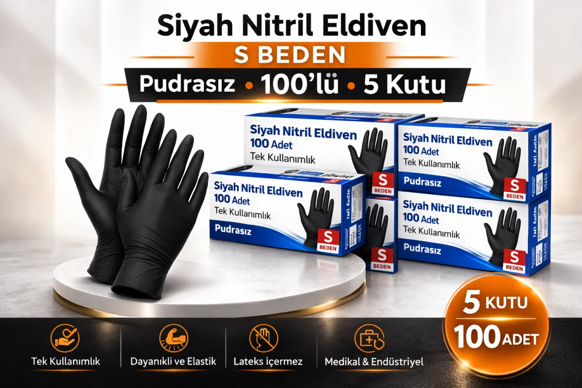 Siyah Nitril Eldiven S Beden Pudrasız 5 Kutu Tek Kullanımlık Dayanıklı Lateks İçermeyen Koruyucu Eldiven Seti
