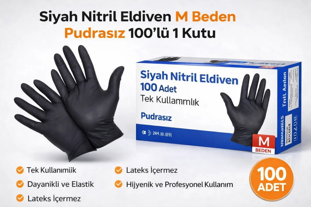Siyah Nitril Eldiven M Beden Pudrasız 100'lü 1 Kutu Tek Kullanımlık Lateks İçermeyen Dayanıklı Muayene Eldiveni