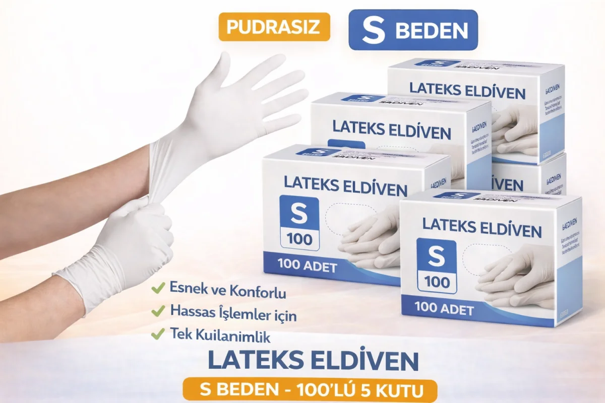Lateks Eldiven S Beden Pudrasız 100’lü 5 Kutu Tek Kullanımlık Esnek Muayene Eldiveni Toplu Paket