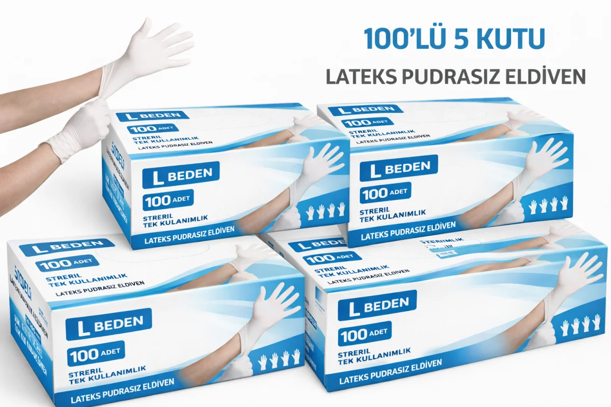 L Beden Lateks Pudrasız Eldiven 100'lü 5 Kutu (Toplam 500 Adet) Tek Kullanımlık Muayene Eldiveni