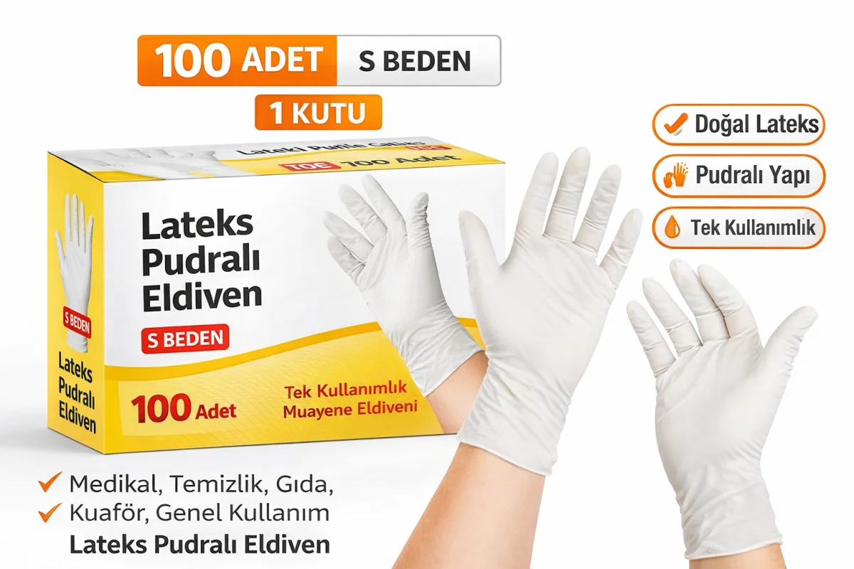 Lateks Pudralı Eldiven S Beden 100’lü 1 Kutu Tek Kullanımlık Muayene Eldiveni Doğal Lateks Koruyucu Eldiven