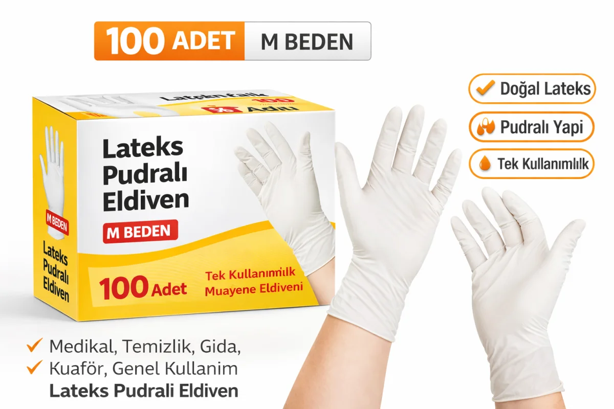 Lateks Pudralı Eldiven M Beden 100’lü 1 Kutu Tek Kullanımlık Muayene Eldiveni Doğal Lateks Koruyucu Eldiven