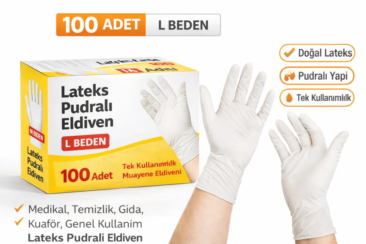 Lateks Pudralı Eldiven L Beden 100’lü 1 Kutu Tek Kullanımlık Muayene Eldiveni Doğal Lateks Koruyucu Eldiven