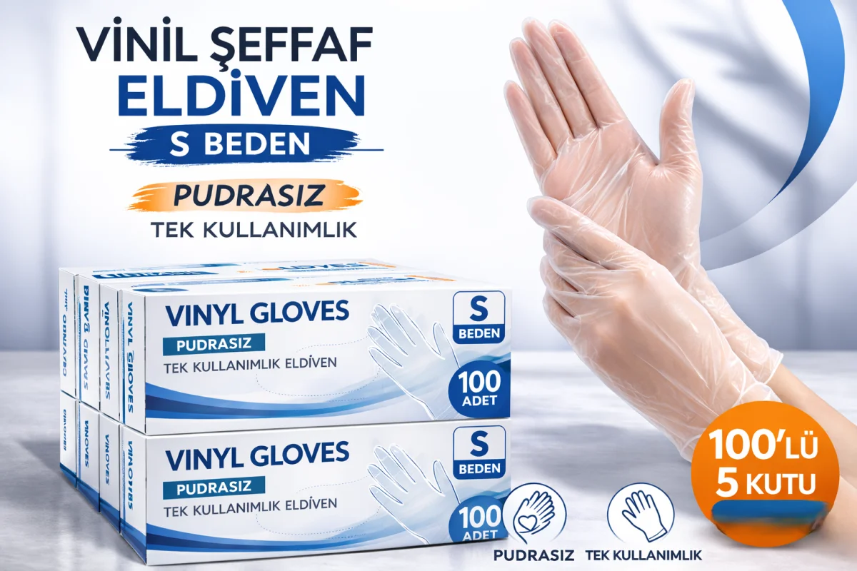 Vinil Şeffaf Eldiven S Beden 100’lü 5 Kutu Tek Kullanımlık Pudrasız Vinil Muayene ve Hijyen Eldiveni Toplu Set 500 Adet
