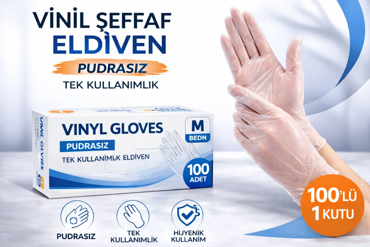 Vinil Şeffaf Eldiven M Beden 100’lü 1 Kutu Tek Kullanımlık Pudrasız Vinil Muayene ve Hijyen Eldiveni