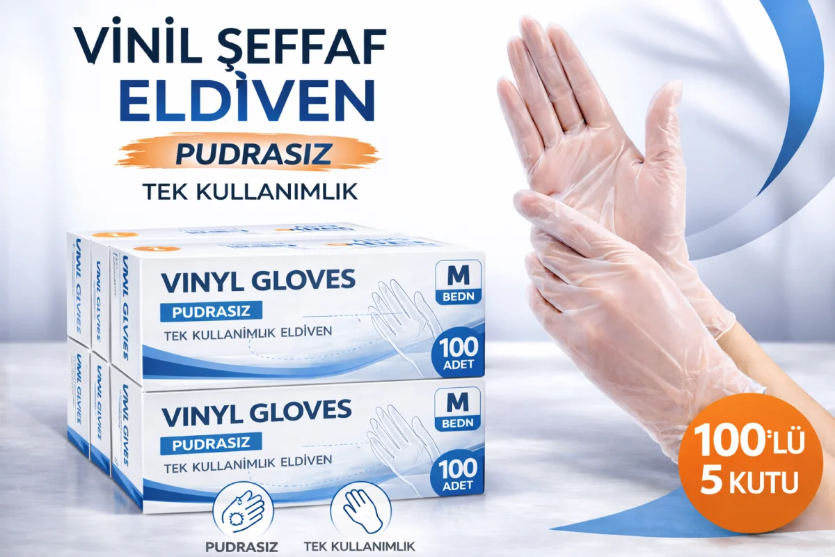 Vinil Şeffaf Eldiven M Beden 100’lü 5 Kutu Tek Kullanımlık Pudrasız Vinil Muayene ve Hijyen Eldiveni Toplu Set 500 Adet