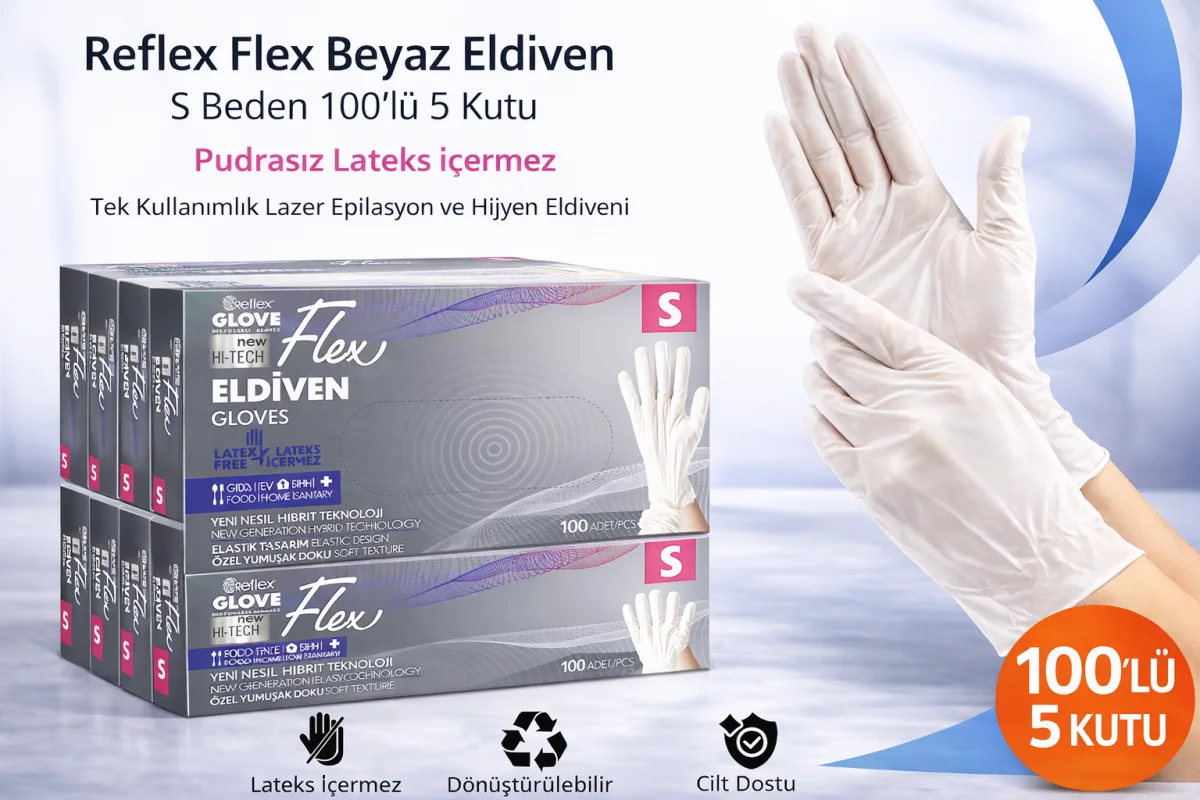 Reflex Flex Beyaz Eldiven S Beden 100’lü 5 Kutu Pudrasız Lateks İçermez Tek Kullanımlık Lazer Epilasyon ve Hijyen Eldiveni Toplu Set 500 Adet