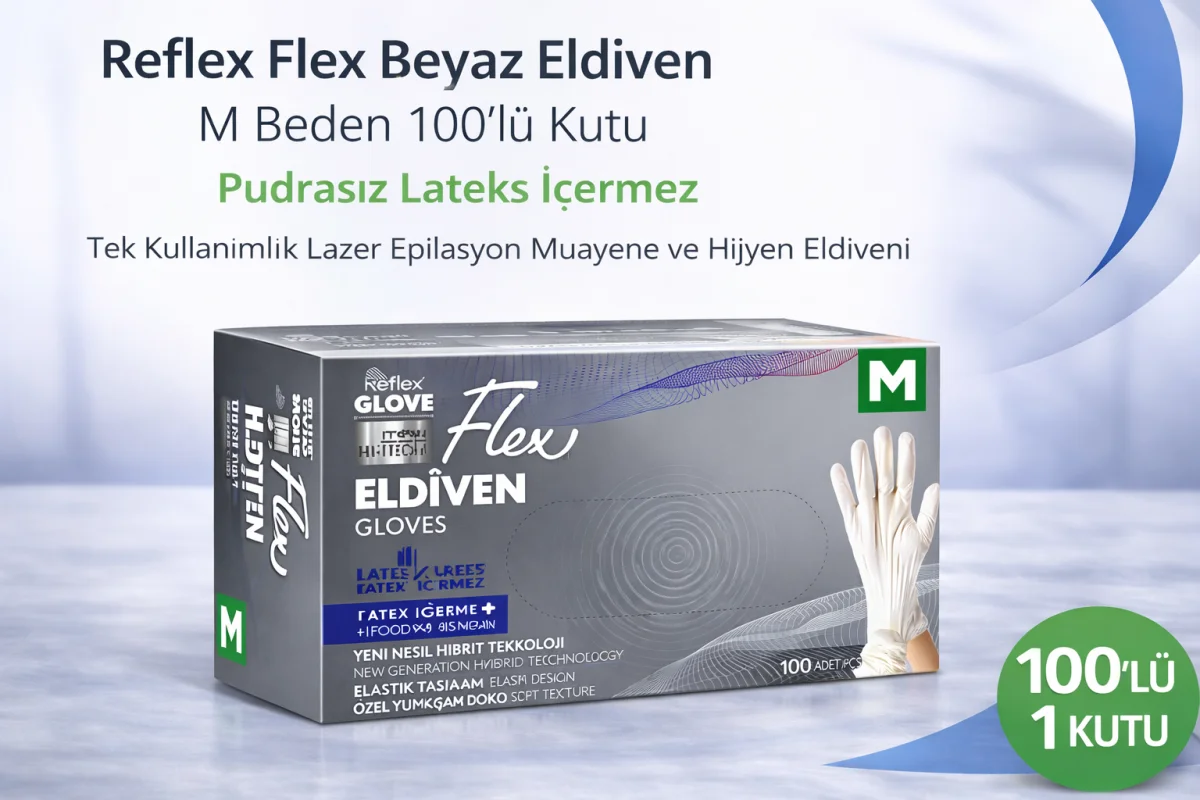Reflex Flex Beyaz Eldiven M Beden 100’lü 1 Kutu Pudrasız Lateks İçermez Tek Kullanımlık Lazer Epilasyon Muayene ve Hijyen Eldiveni